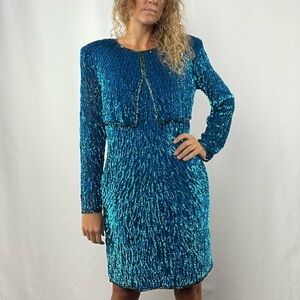Vintage Scala Sequins Long Sleeve Mini Dress in Blue Size Small